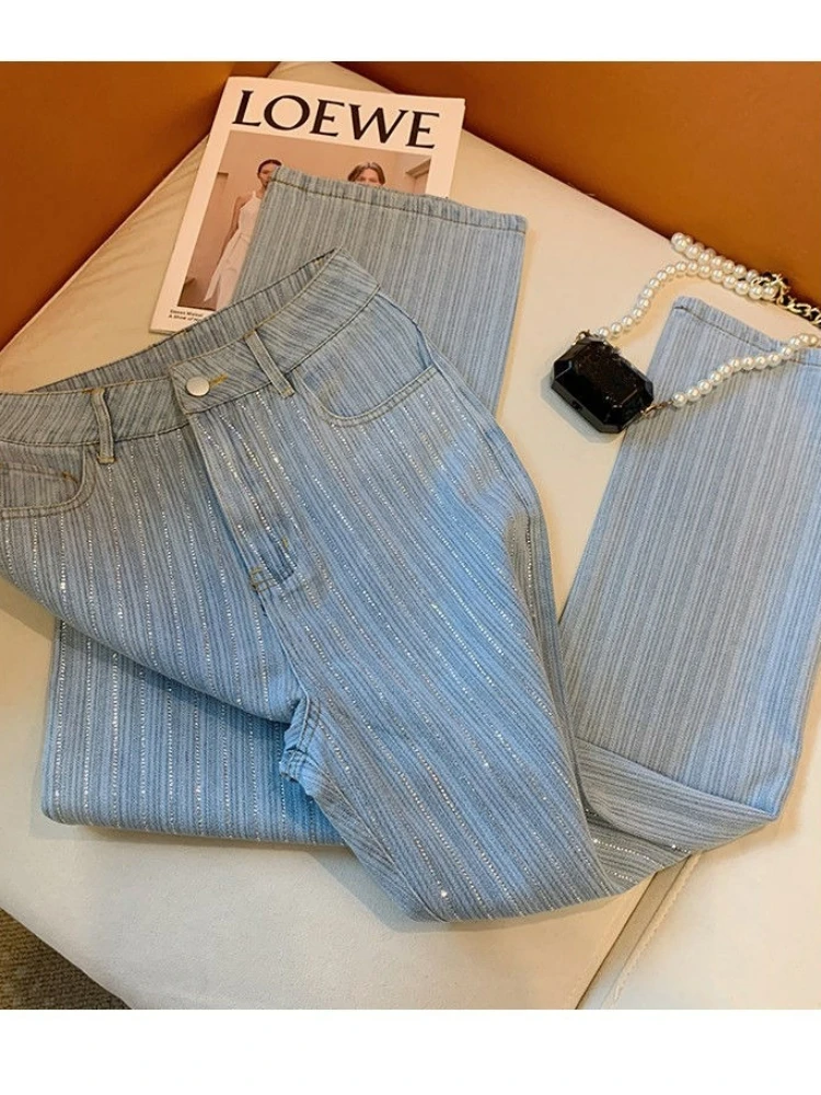 

Blue Striped Straight Jeans for Women Spring/Summer 2024 New Fashion Versatile Slimming Drooping Wide-Leg Pants