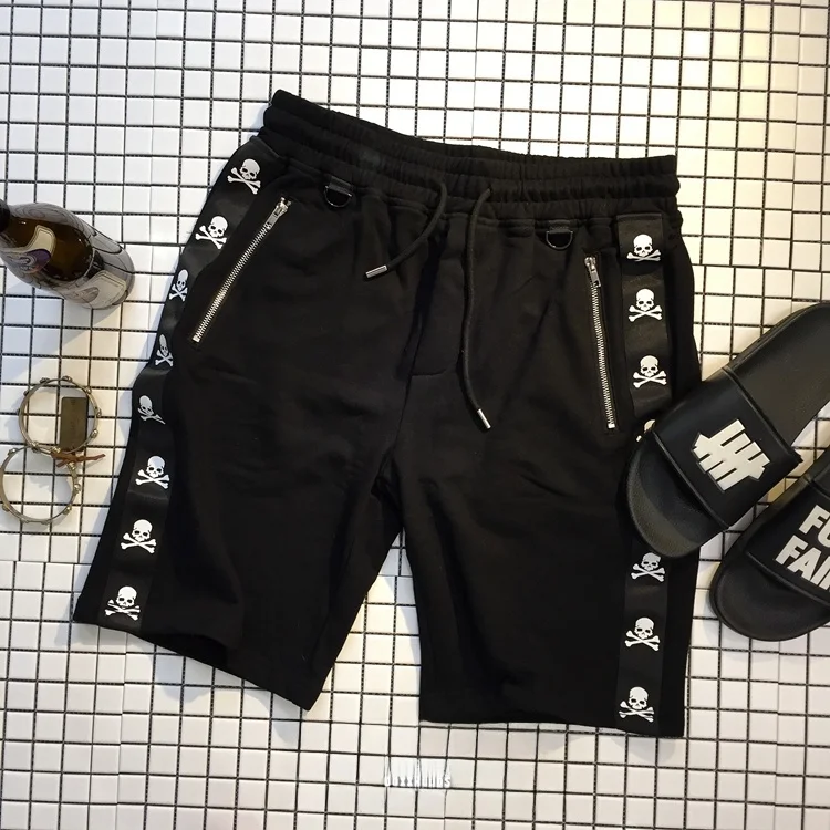 

Trendy Street Style Cotton Five-Point Pants Men's Decorative Zipper Skull Logo Tag Shorts Straight Leg Casual Trousers