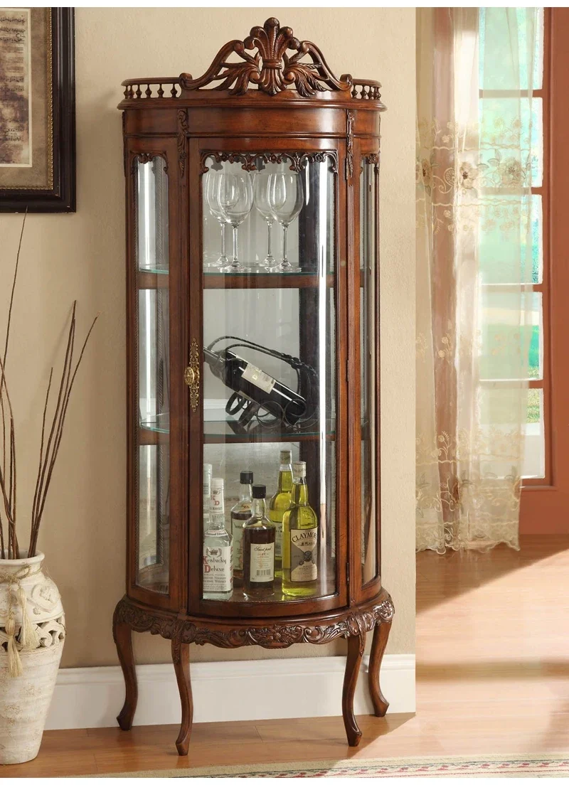 American-style Carved Decorative , Glass Wine Cabinet, Solid Wood Furniture, Red and Brown, Customizable Colors