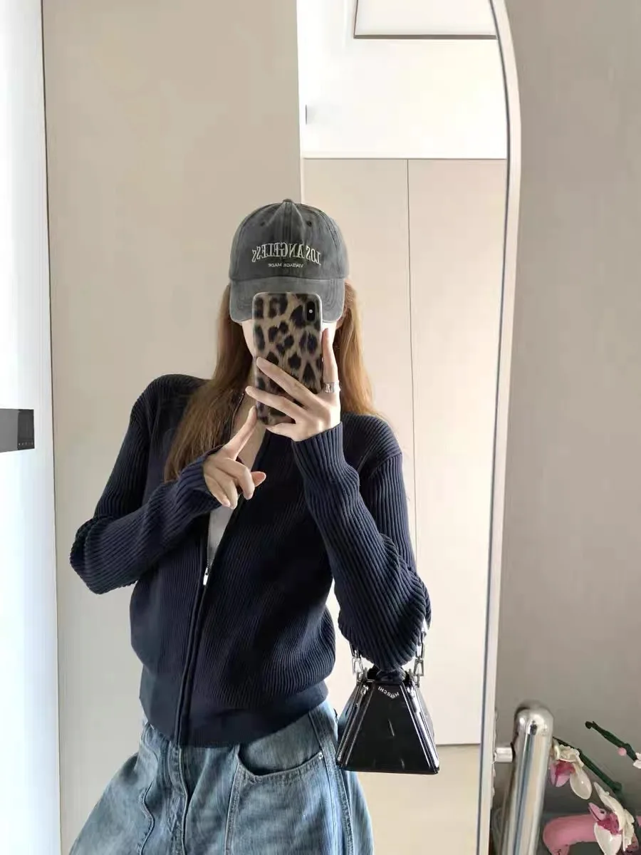 

Korean Sle Stand Collar Zipper Knitted Open Cardigan Women's Autumn Winter Slimming Sweater Jaet Outerwear Top