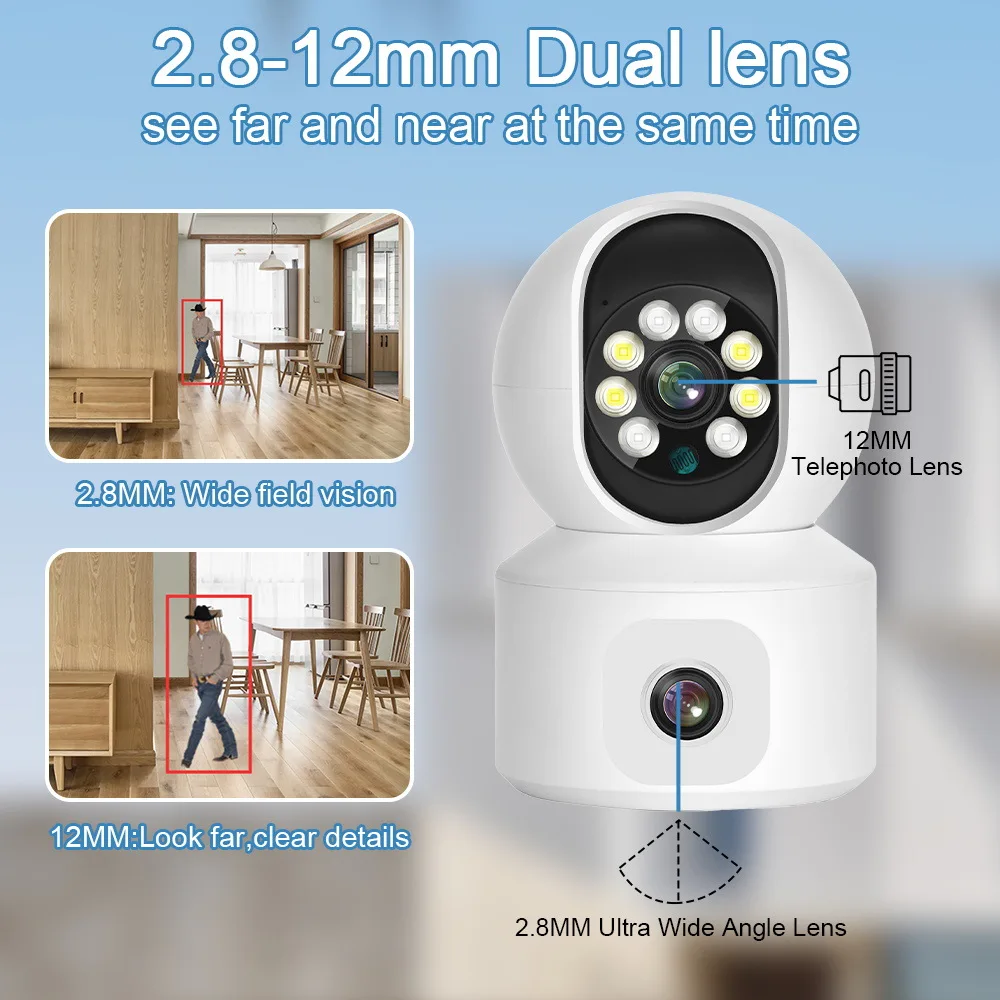 Saikiot-Interior CCTV Home Security Camera, Dual Lens, 2 Screen, Wi-Fi, Visão Noturna, ICSEE, 4MP, 6MP, ICSEE