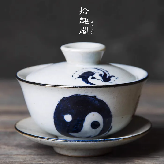 Jingdezhen Coarse Ceramics, Three Talents, Covered Bowls, Hand-Painted Tai Chi Tea Cups, Blue And White Respectfully