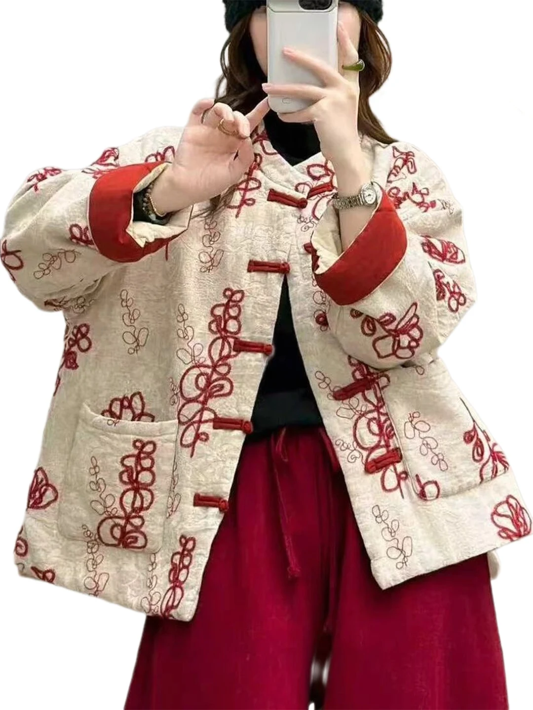 새로운 중국 스타일 자수 면 재킷 여성용 겨울 신상 레트로 민족 스타일 단추 개선형 탕복 면 코트