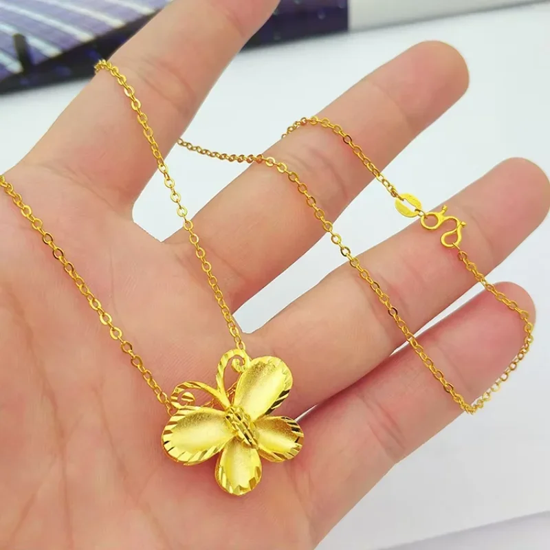

9999 Real Gold 24K Japan Korea Fashion Women's Butterfly Pendant Collarbone Necklace Gold Women's O-shaped Necklace New Product.