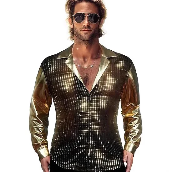 

Shiny Sequin Button Up Shirt 70s Disco Party Cosplay Costume New 2026 Fashionable Special Use Clothing