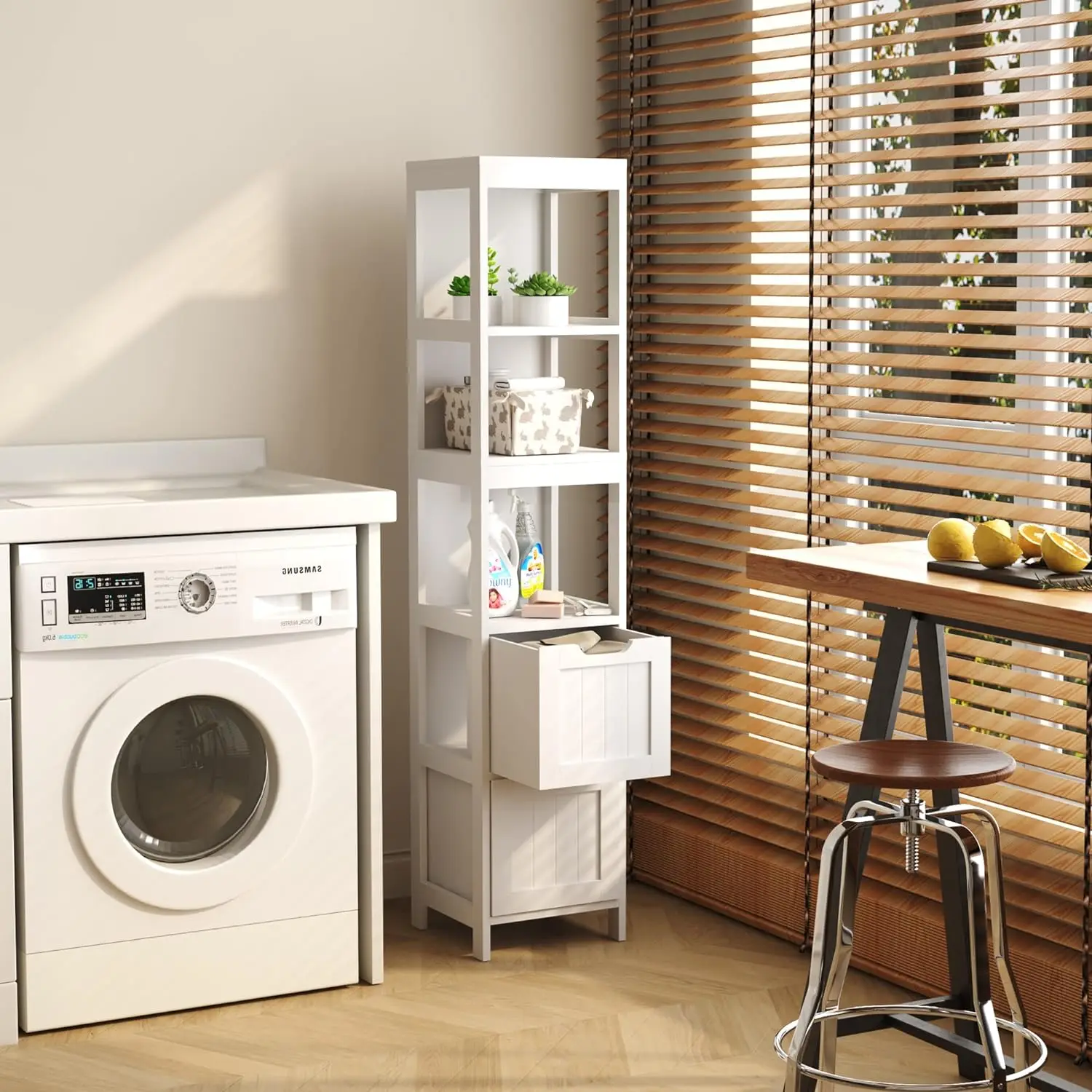 Bathroom Storage Cabinet, Slim Tall Cabinet, Narrow Floor Cabinet Organizer, Wooden Linen Tower with 2 Drawers and 3 Sh