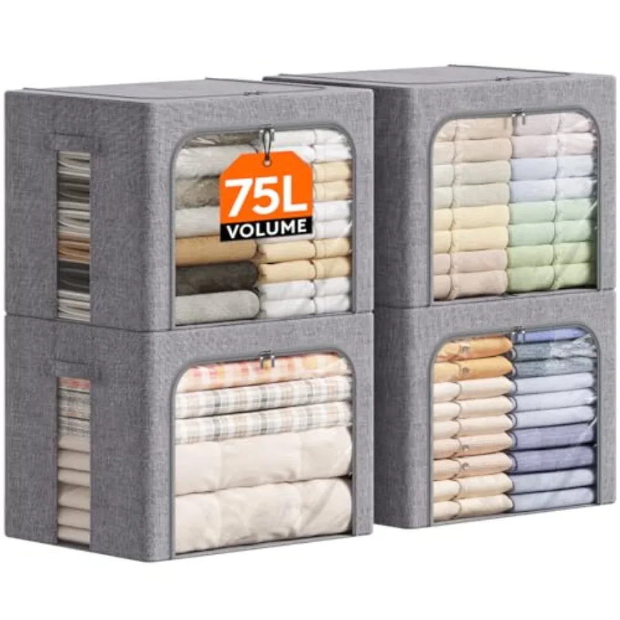 

Складные корзины для хранения одежды 75 л с металлическим каркасом, штабелируемые органайзеры, тканевые сумки для хранения с прозрачным окном и молниями