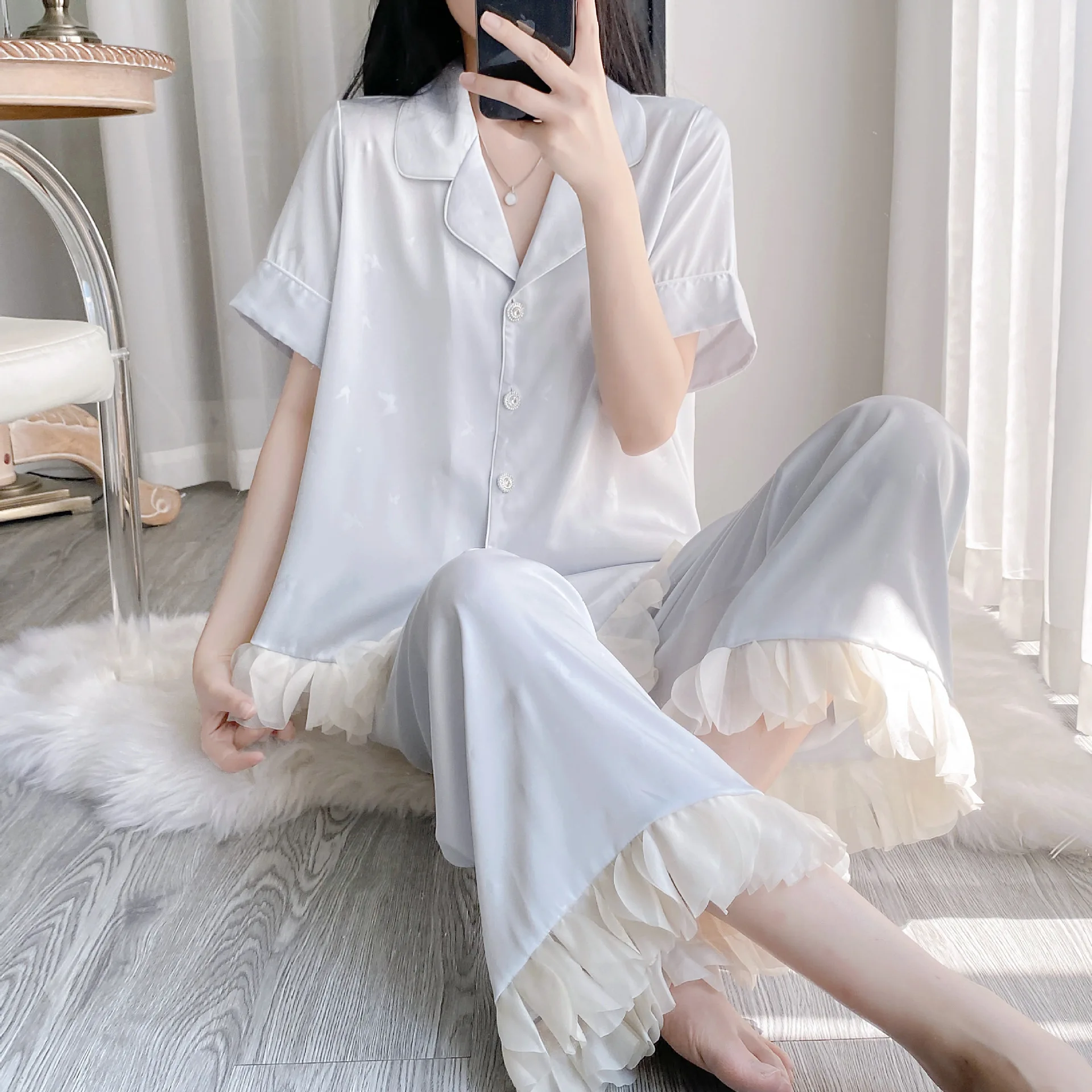 

Lapel Women Short Sleeve Pajamas Suit Sleepwear 2Pcs Shirt&pants Pyjamas PJS Set Spring Femme Rayon Nightwear Home Clothes