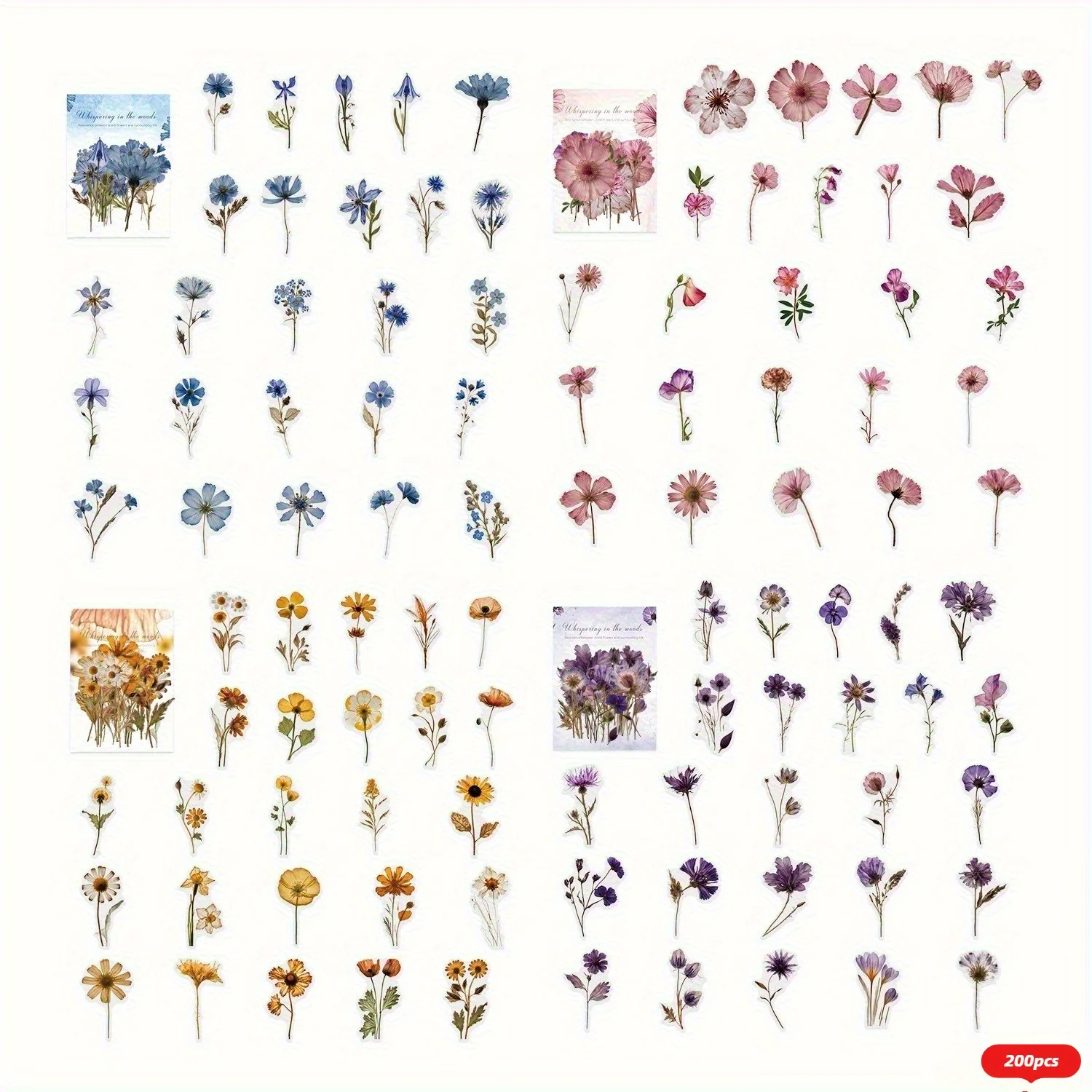 200 Stück (4 Packungen) PET-Blumen-Aufkleber, DIY, Scrapbooking, Kunst, Collage, Schreibwaren, Planer, Junk-Journal, Dekor, Tagebuch-Aufkleber