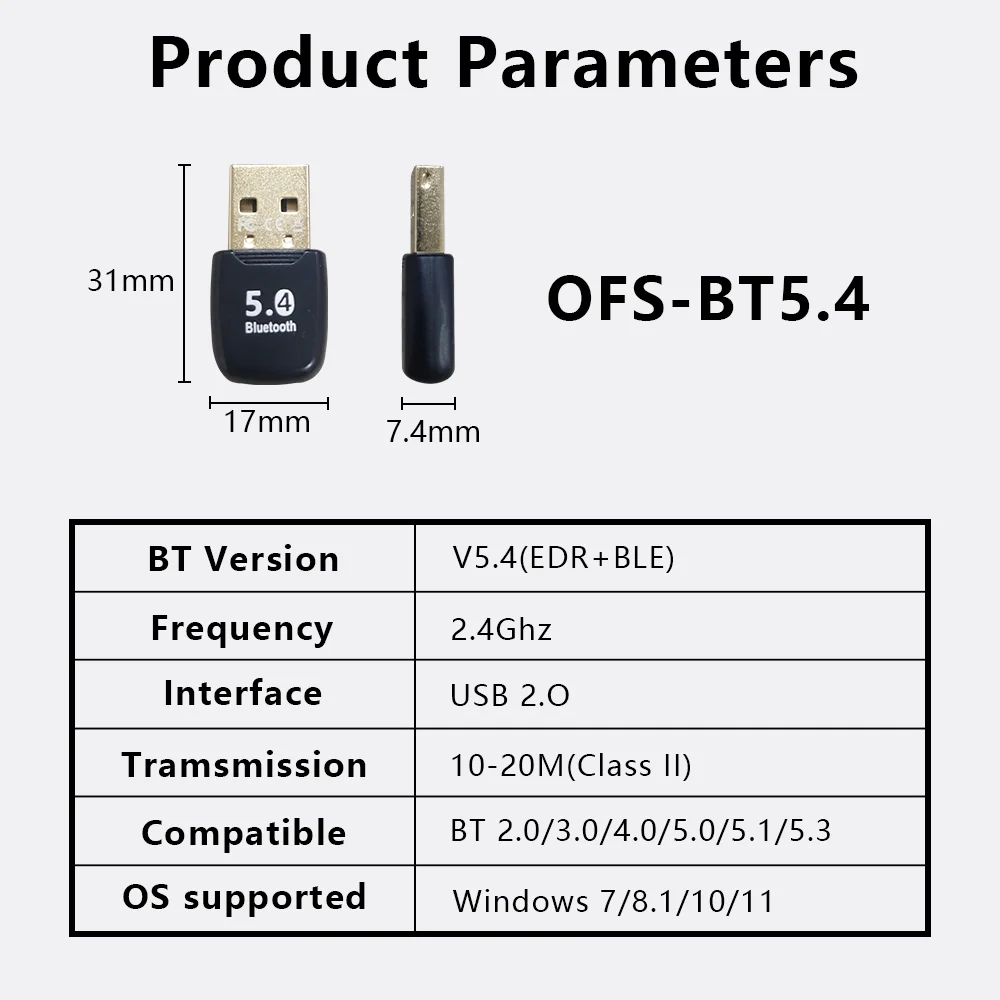 OPTFOCUS USB Bluetooth 5.4 Adapter 7 devices 20 meters Adaptador Receptor PC Dongle compatible Bluetooth 5.3 For WIN7 8 10