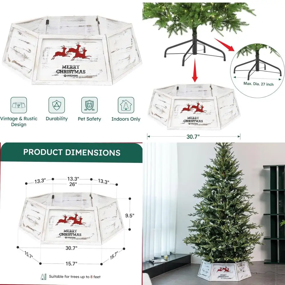 

Rustic White Distressed Wooden Tree Base Cover, Hexagonal Natural Wood Christmas Tree Collar, Vintage-Style Tree Skirt for Holid