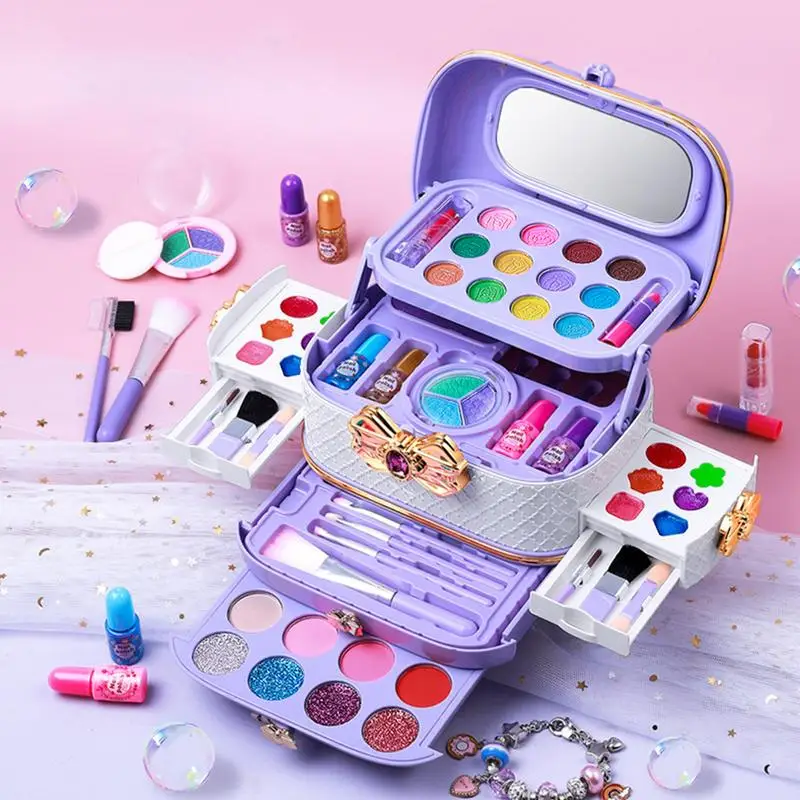 Kids Makeup Kit Princess Toys Real Cosmetic Set Pretend Play Set Washable 57pcs Set Children For Little Girls For Teenagers