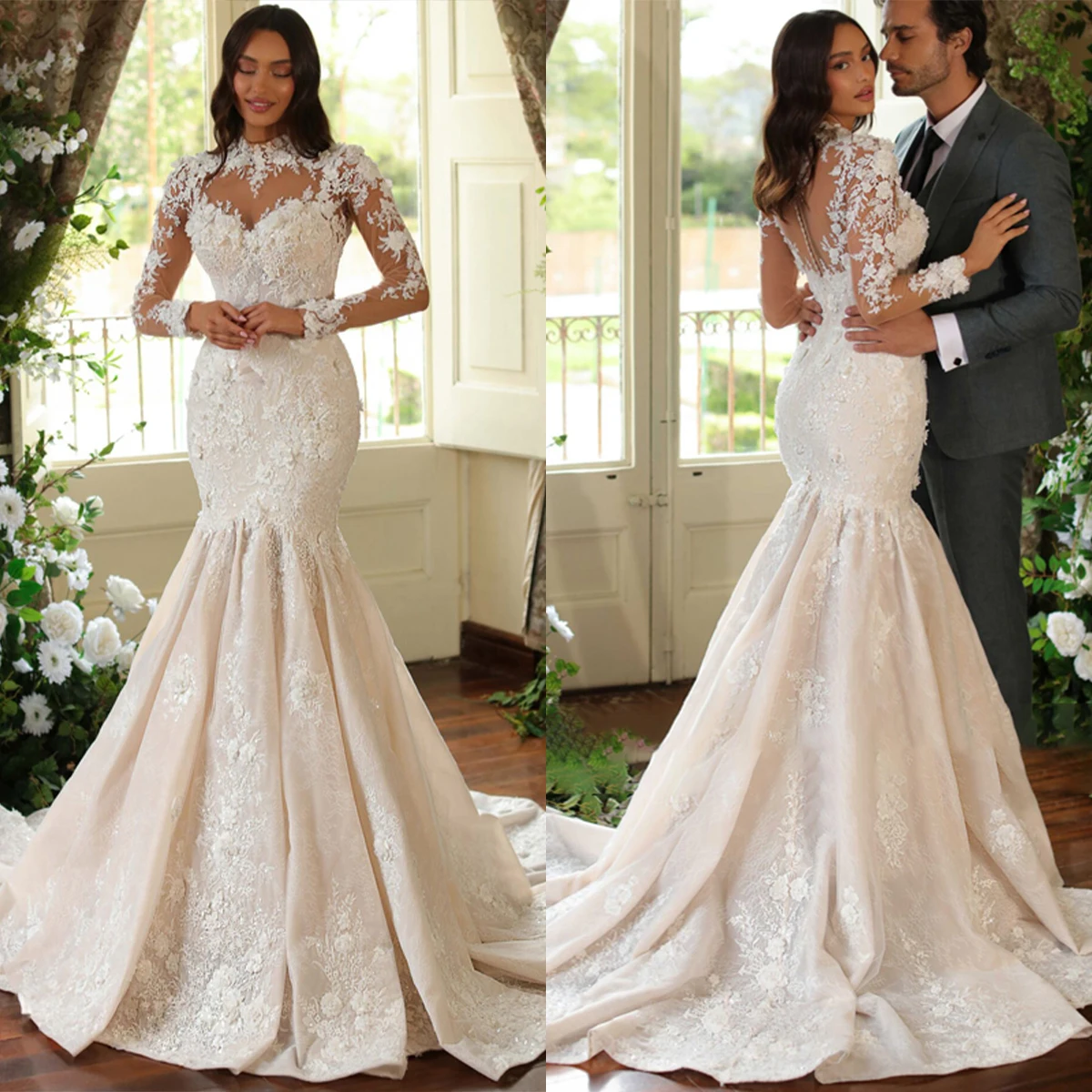 

Gorgeous Mermaid Wedding Dresses Long Sleeves Appliques Lace Bridal Gowns Custom Made Button Back Sweep Train Robe De Mariee