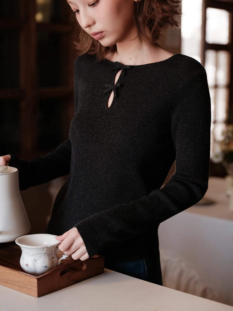 

Botanique Beautiful Merino Wool Sweater with Hollow out Design And Knot for Women Soft Polyester Acrylic Blend Long...