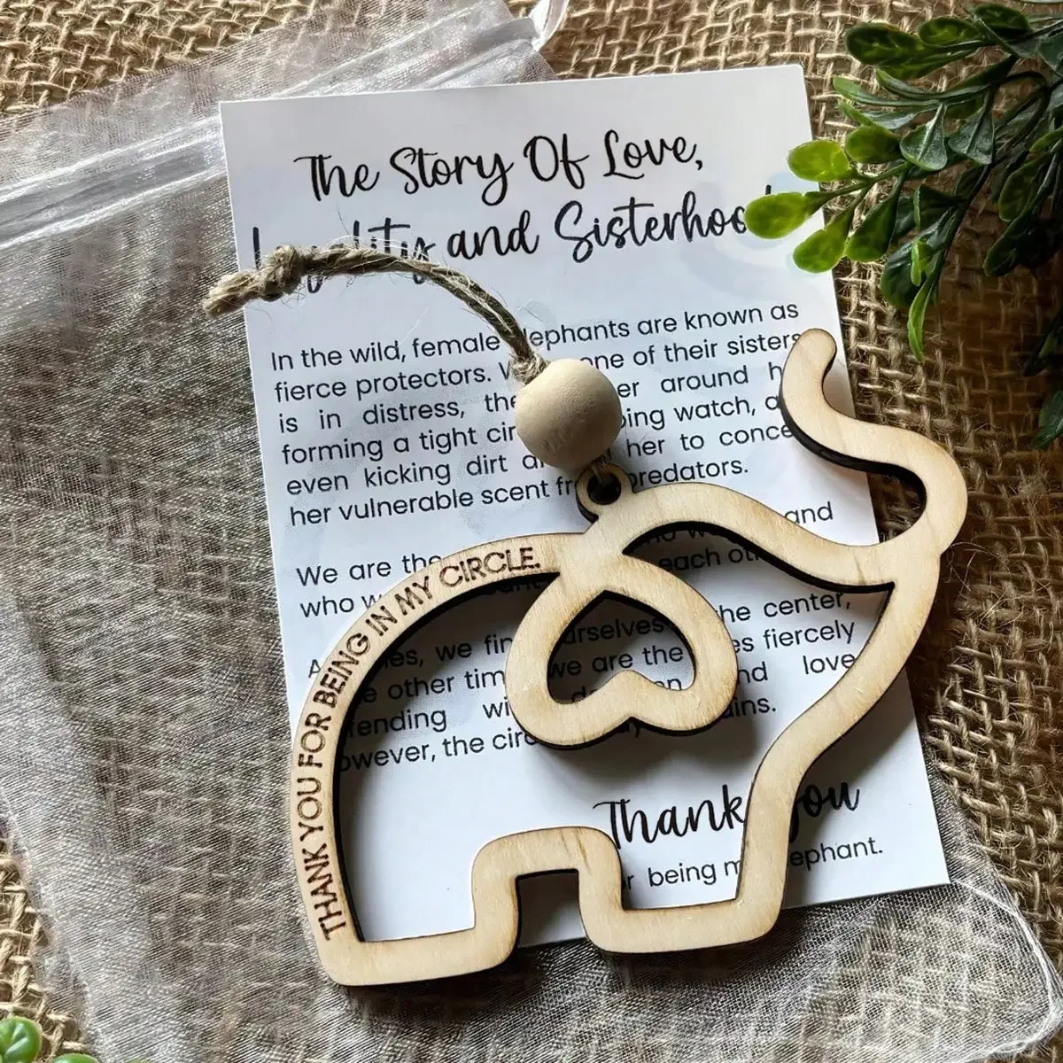 10pcs Friendship Elephant Ornament Set, Wooden Car Charm with Thank You Card, Sisterhood Gift for Best Friends
