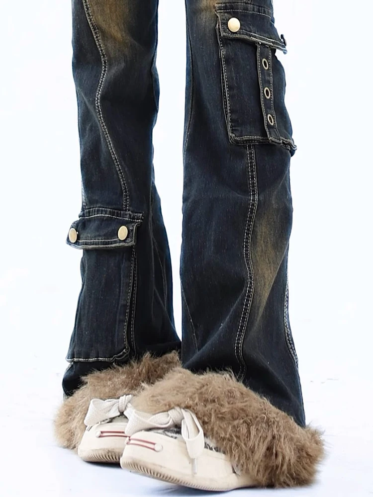 

Джинсы Y2K в американском уличном стиле, микро-клеш, из денима, женские, осенне-зимние, больших размеров, с меховой отделкой, утягивающие брюки для полных женщин