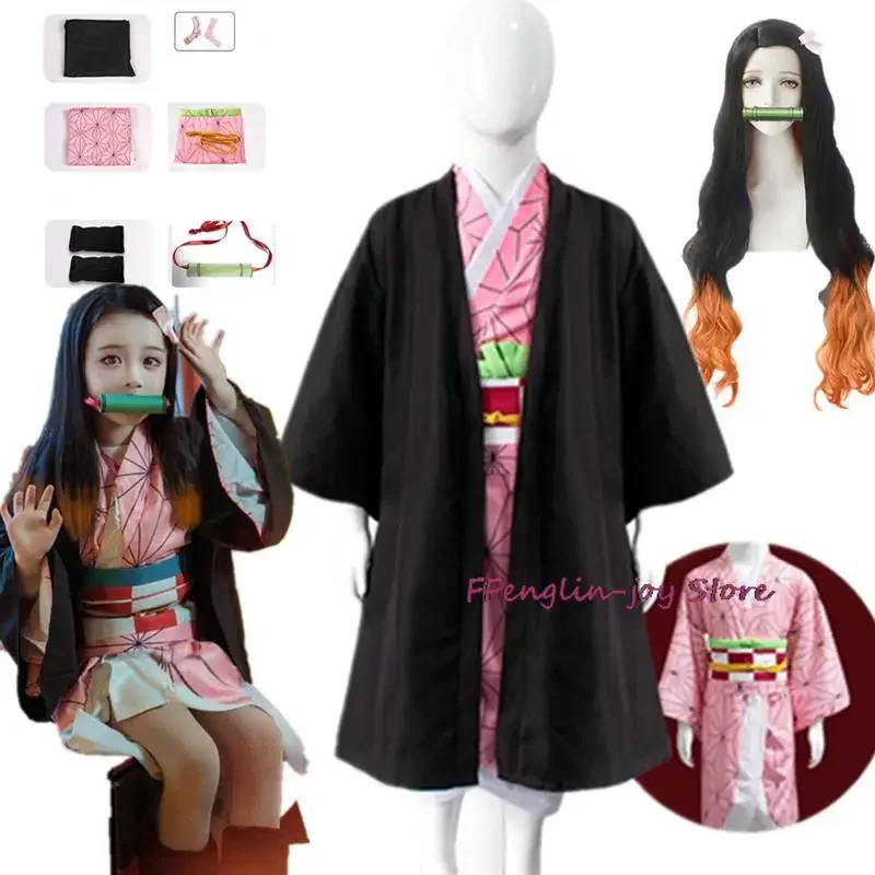 Nezuko Cosplay Costume Kimono Kimetsu No Yaiba Kamado Nezuko Costume Wig Girls Kimono Child Comic Con Halloween Carnival Costume