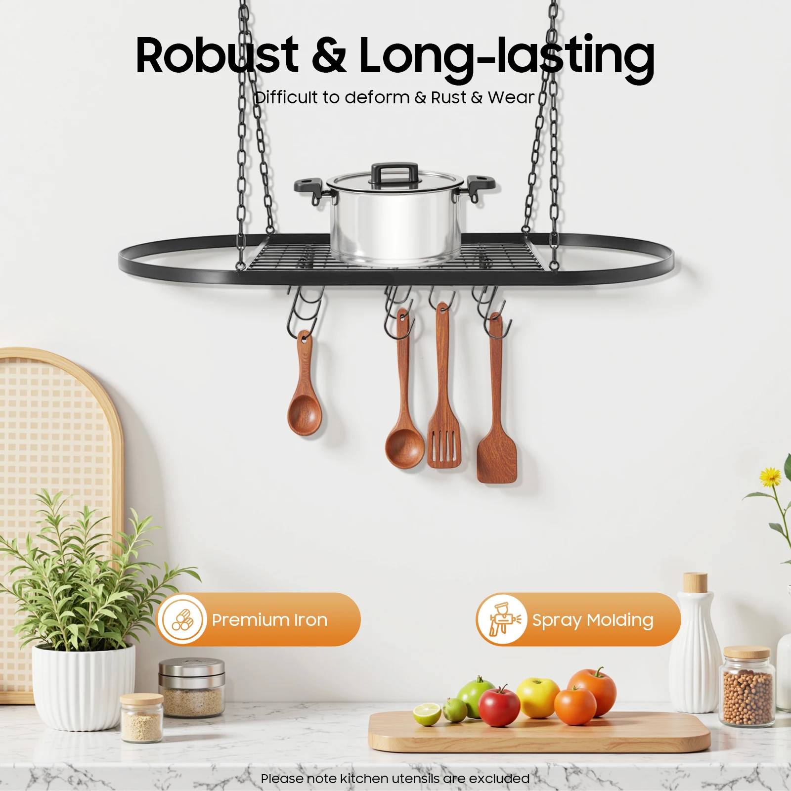 

Hanging Pot Rack Ceiling Mount Pan Hanger for Kitchen with 10 Hooks 44.09 lbs Space-saving in Condominiums,Apartments,Studios