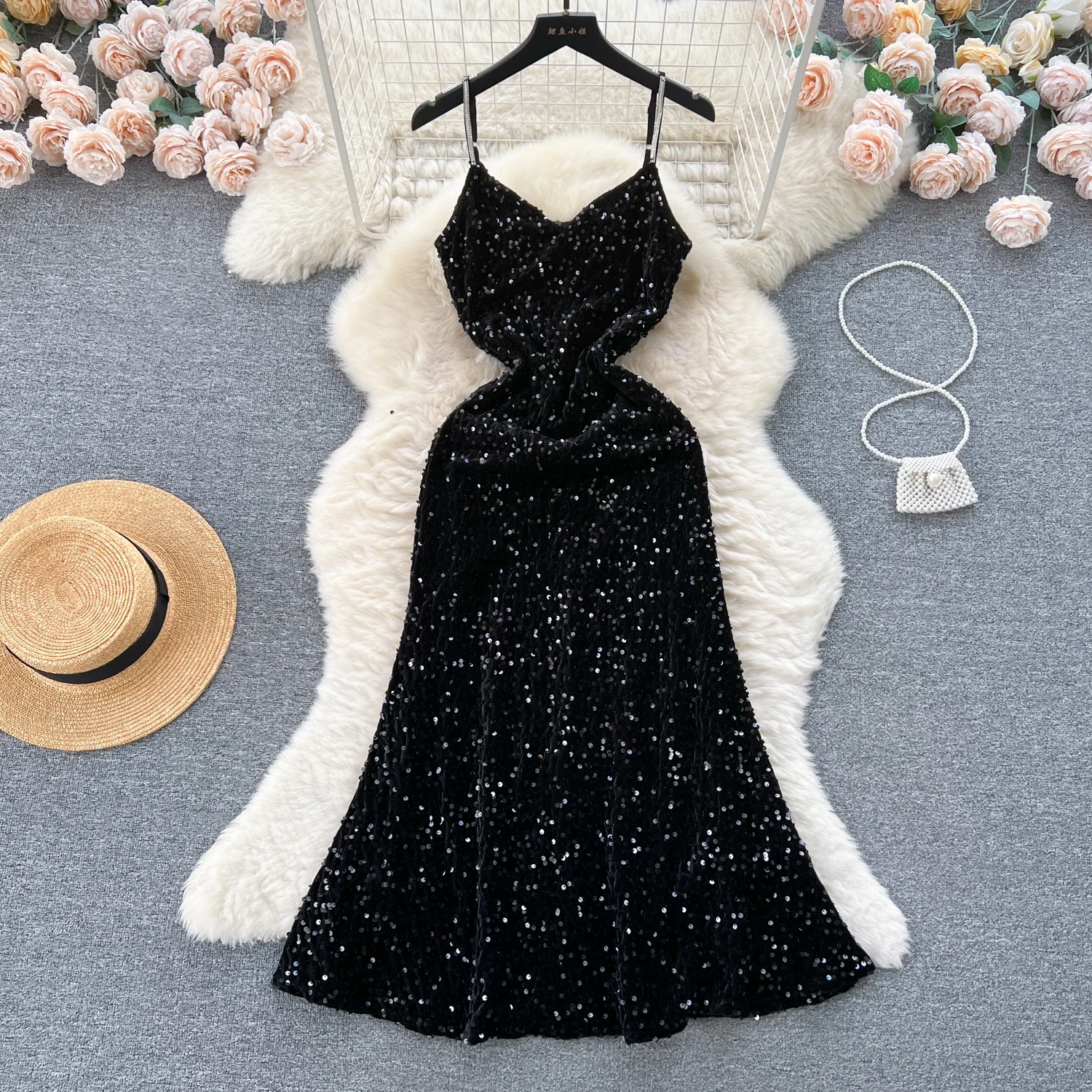 

Royal Sister Dress Women's Autumn and Winter Niche High-Quality Sequined Suspender Long Skirt French Elegant Lady Mermaid Dress