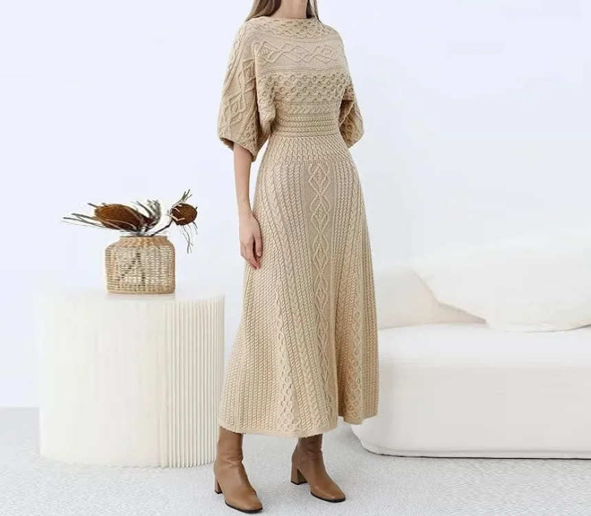 

Women's Fashion Knitting Fried Dough Twists Irregular Waist Dress Temperament Female Pullover 3D Decor Knitted Casual Dresses