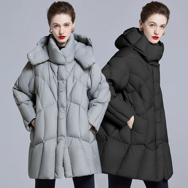 

Autumn New Women's Mid-Length down Jacket Style Hooded Waist-Cinching Slimming Large Pocket Fashionable Warm Coat