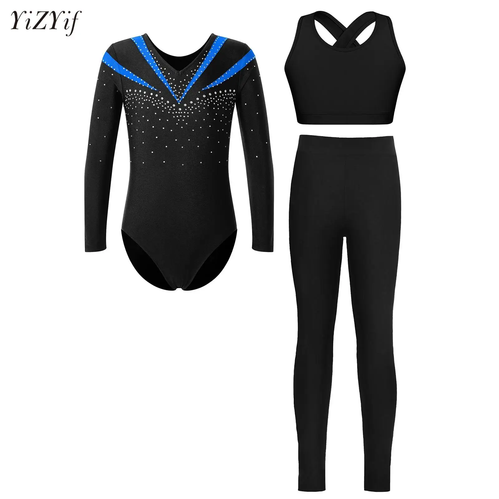 

Girls Long Sleeve Gymnastics Outfits Leotard Workout Bodysuit with Vest Leggings 3pcs Set Tracksuit Dance Performance Costume