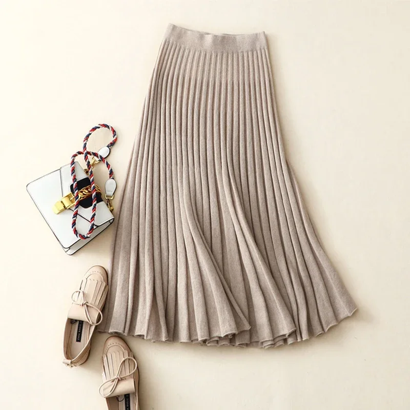 

winter thick warm women's european fashion high quality 100% superior cashmere pleats skirt