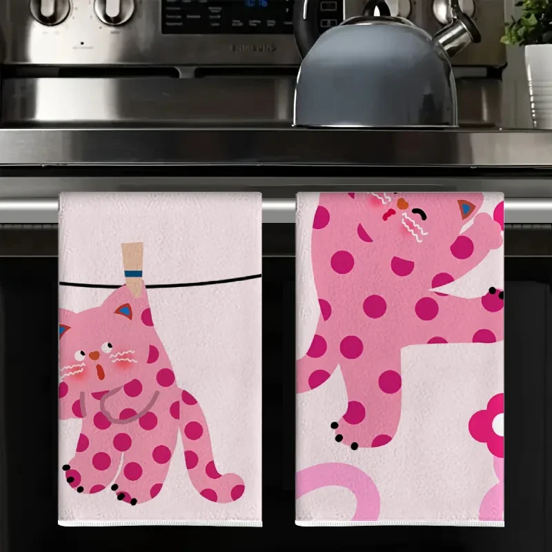 2Pcs Pink Cat Kitchen Towels 40Cm*60Cm Towel Set Super Absorbent Soft Cleaning Cloth Cooking and Baking Tea Towel Hand Towel