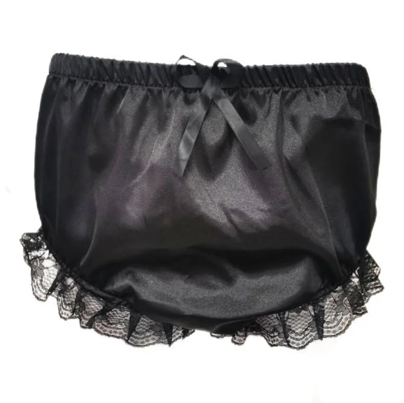 

Black Satin Lace Inlaid with Elastic Waistline Bow and Ribbon Strap Customizable in Multiple Colors for Sexy Triangle Shorts