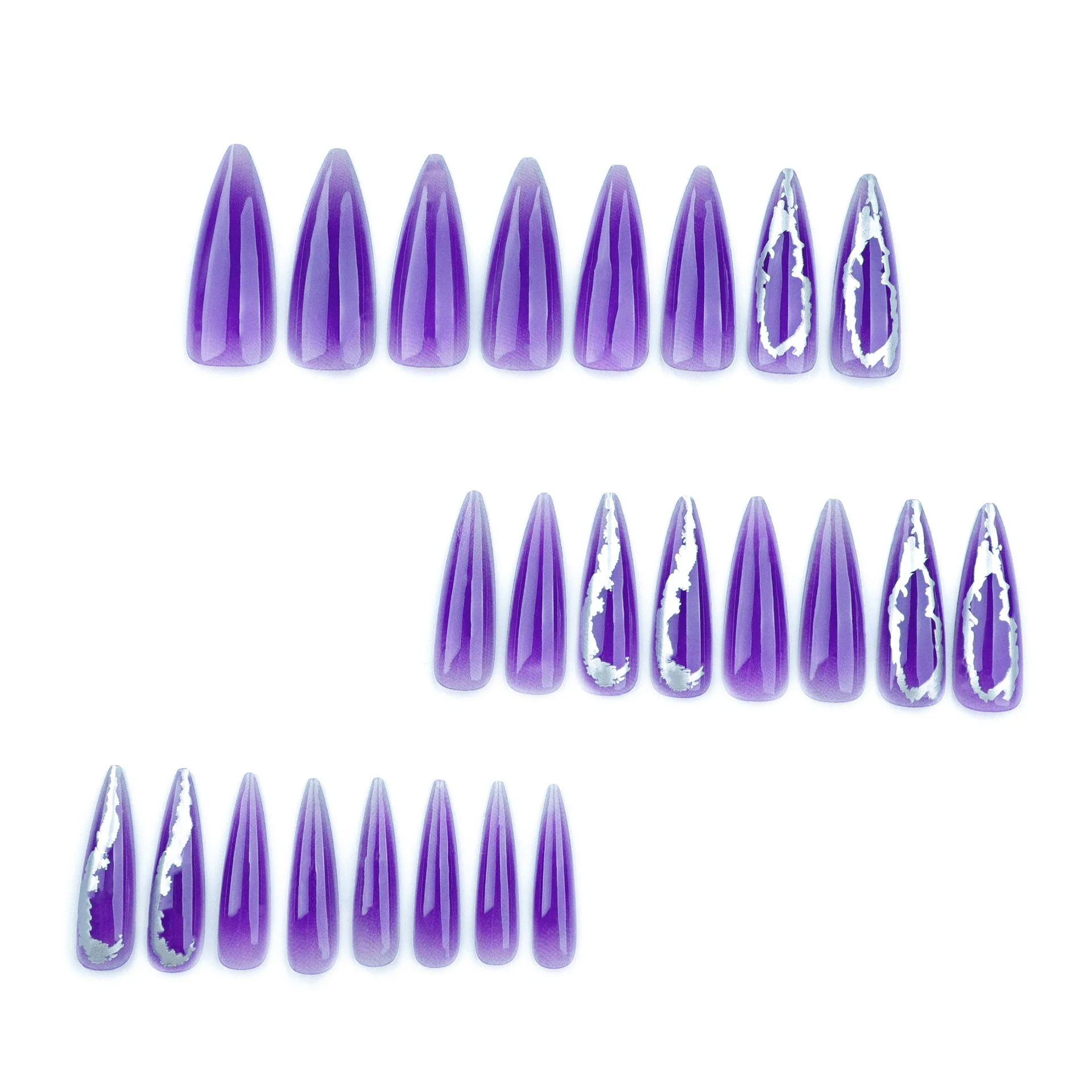 

24Pcs Long Almond Press on Nails - Y2K Purple with Metallic Texture Ombre | Detachable Fake Nails