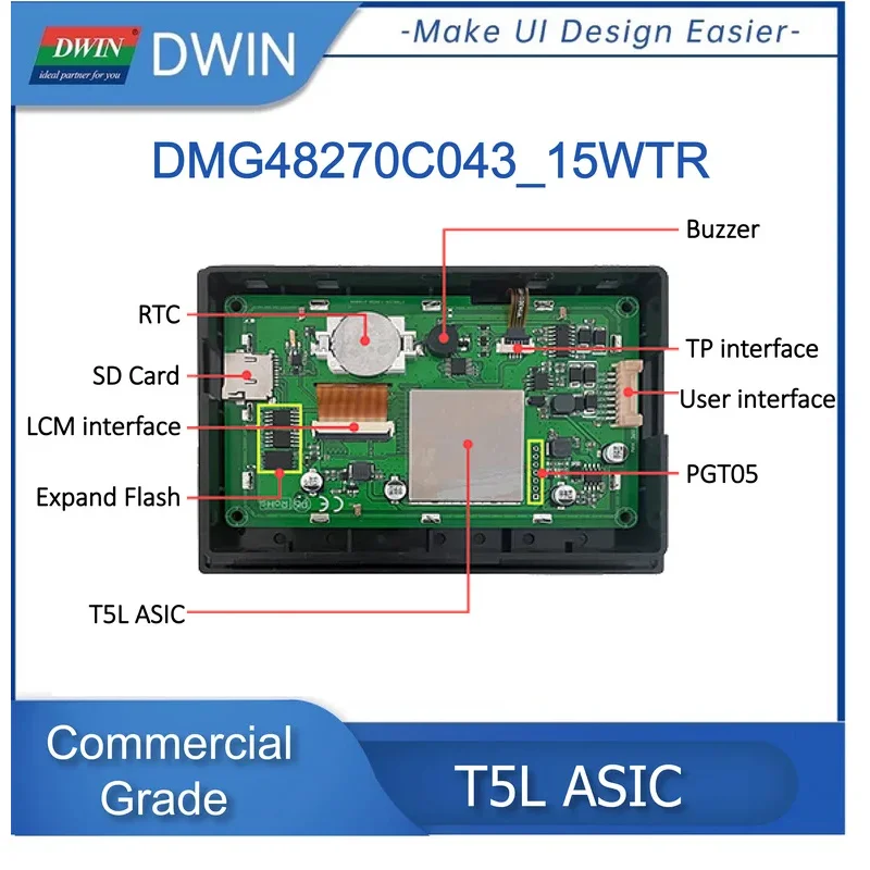 DWIN 4.3 بوصة 480*272 دقة 262K ألوان TV-TN-TFT-LCD شاشة لمس مقاومة مع منفذ HMI UART DMG48270C043_15WTR