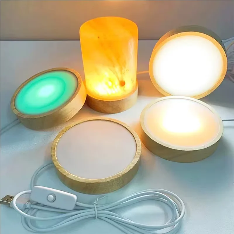 Base Redonda de Madera de 10 cm con LED, Soporte Decorativo de Madera 3D para Lámpara de Pie, Cristales, Bola de Cristal, Decoración Acrílica, Luz Nocturna