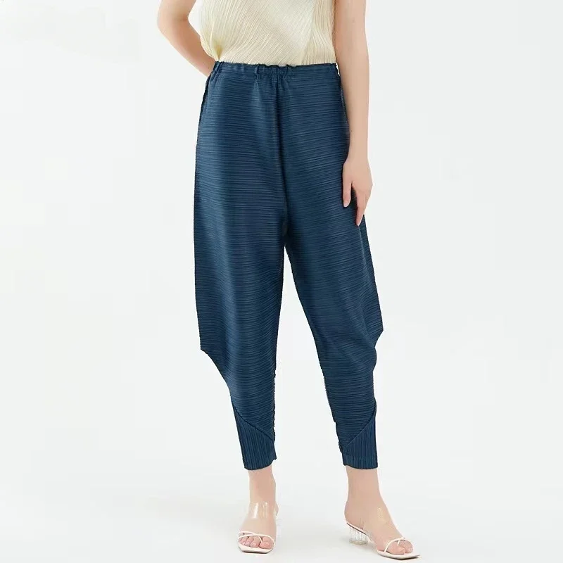 ALSEY Miyake Elastic Waist Harem Pants for Women 2024 Autumn New Simple Solid Color Pockets Pleated Female Casual Trousers