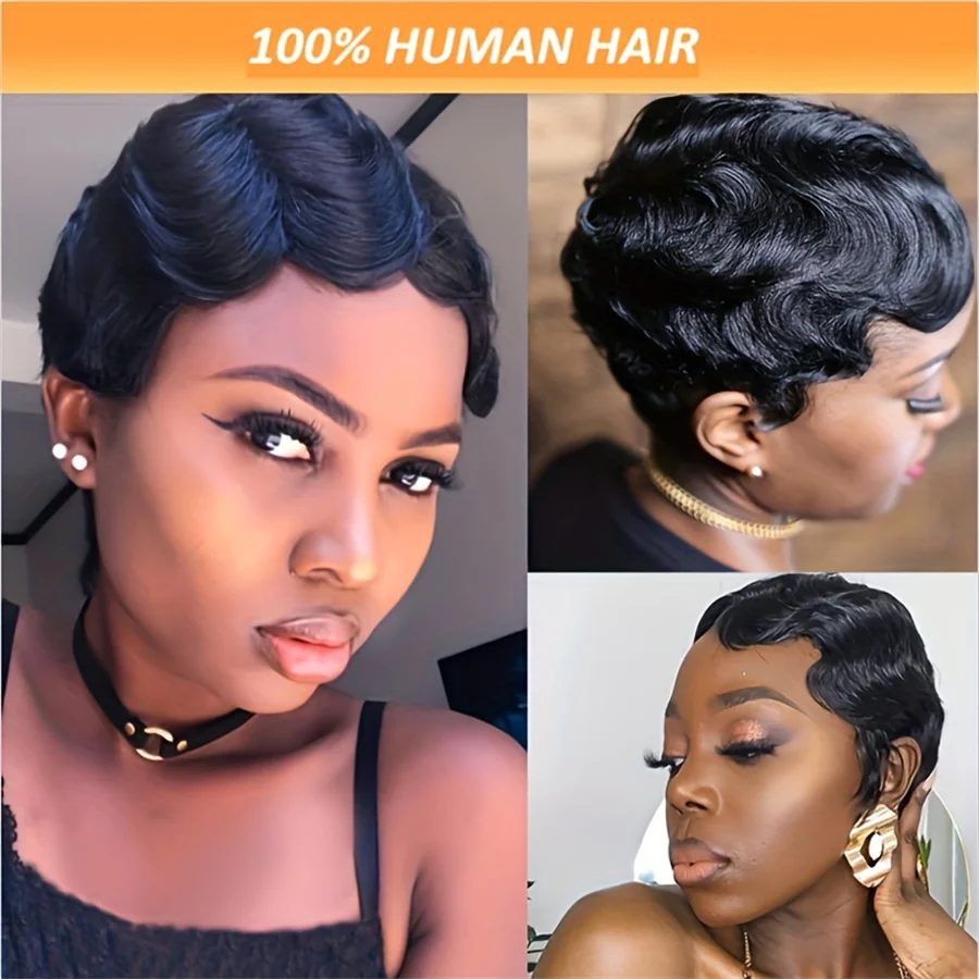 150% density remy hair 4inch natural black color machine made pixie short finger wave human hair wigs for women