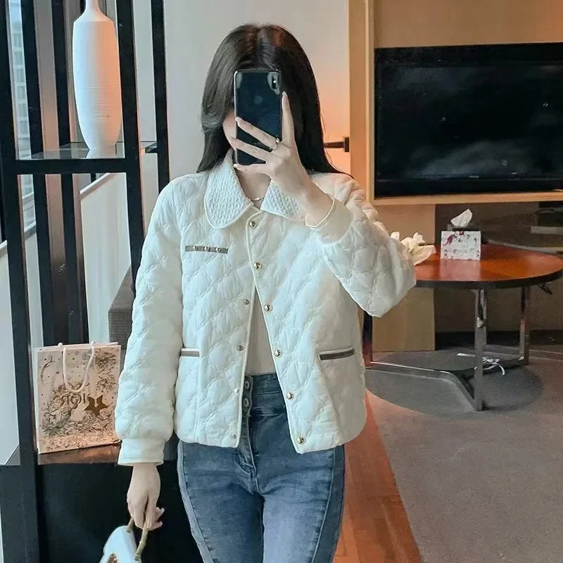 2026 New Light Cotton Coat Autumn Winter White Cotton-Padded Jacket Women's Tops Fashion Pocket Diamond Casual Coats Female 4