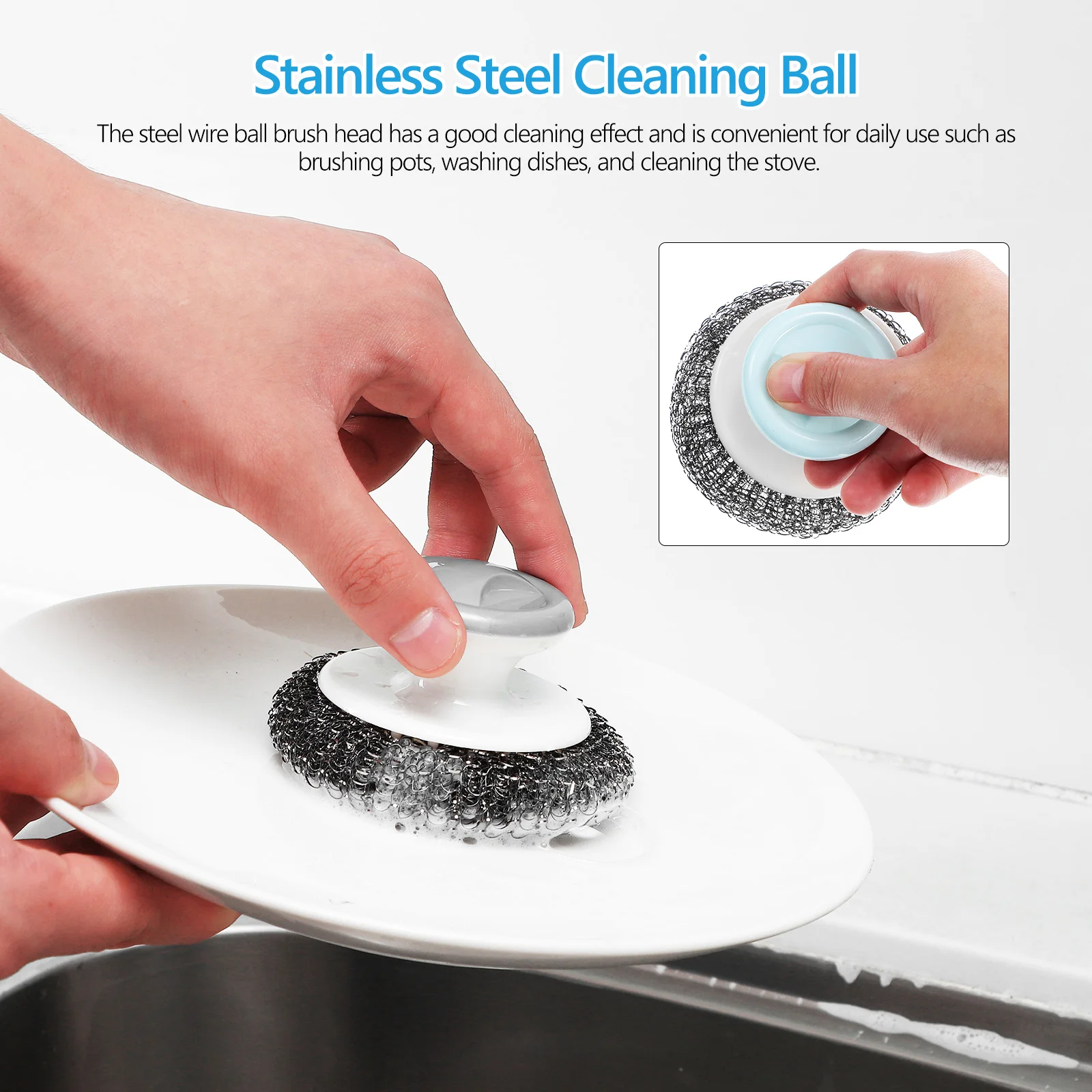 

3pcs Stainless Steel Scrubbers 2 Grey Durable Kitchen Dish Brush For Cleaning Bowls Ceramic Items Bathrooms