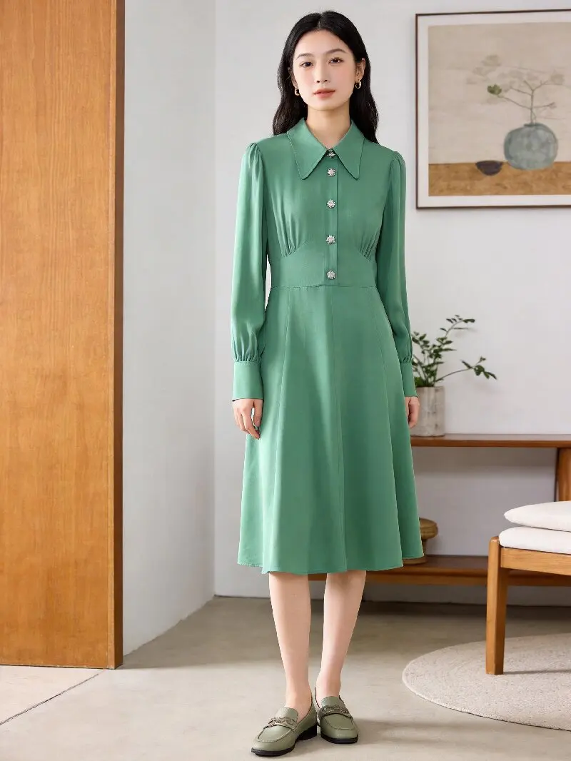 

Sage Green/ Navy Blue Silk Blended Puff Sleeve Midi Dress | French Waist-Cinching Long Sleeve Dress | UK8-UK16