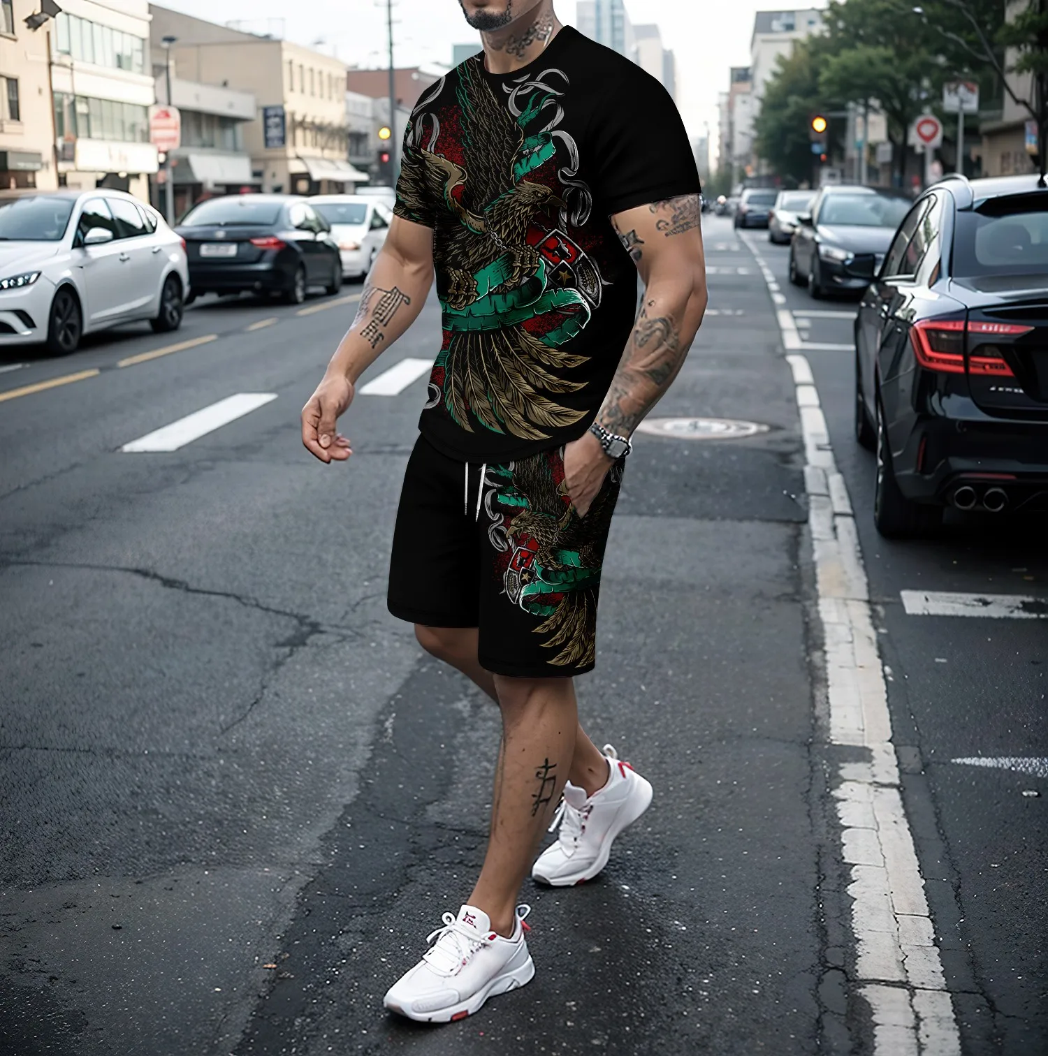 Summer new 3D tiger lion print men\'s round neck short sleeved T-shirt shorts set 2-piece high-quality casual street sports set