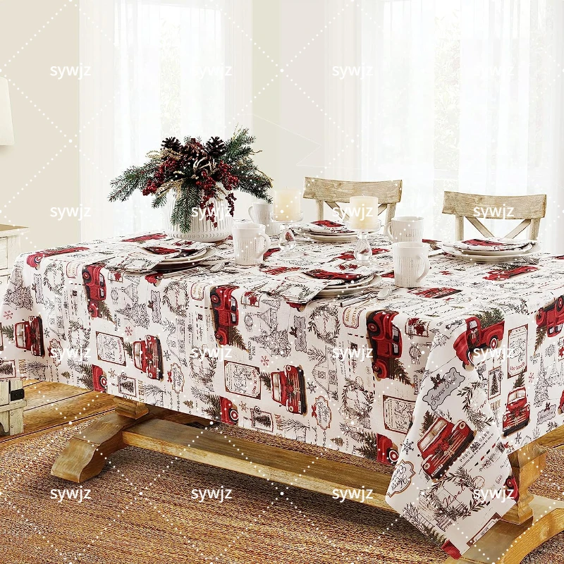 Christmas Tree Holiday Party Dinner Tablecloth Nostalgic Retro New Year Decoration Truck Pattern Stain Resistant Tablecloth