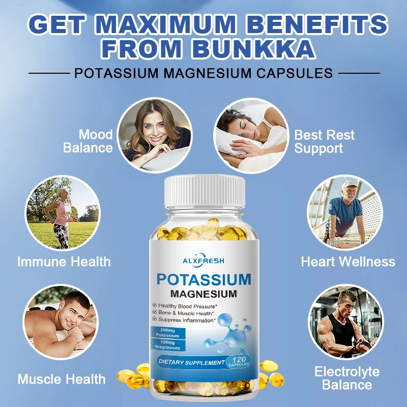 Potassium Magnesium Capsules for Muscle Cramps and Cardiovascular Cellular Immune Beauty Health Sleep Quality Fast Fitness Bone