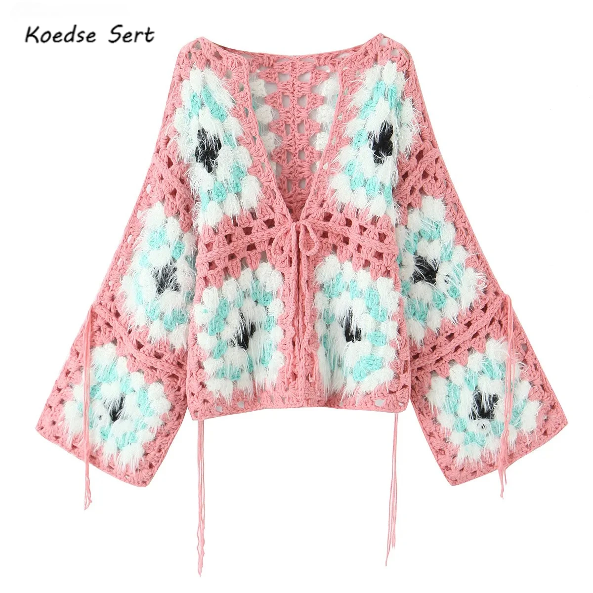 

Pink Hairy Shaggy Colored Plaid Flower Hand Crochet Cardigan Ethnic Woman Tassel Bow Front Short Sweater Knitwear Jumper