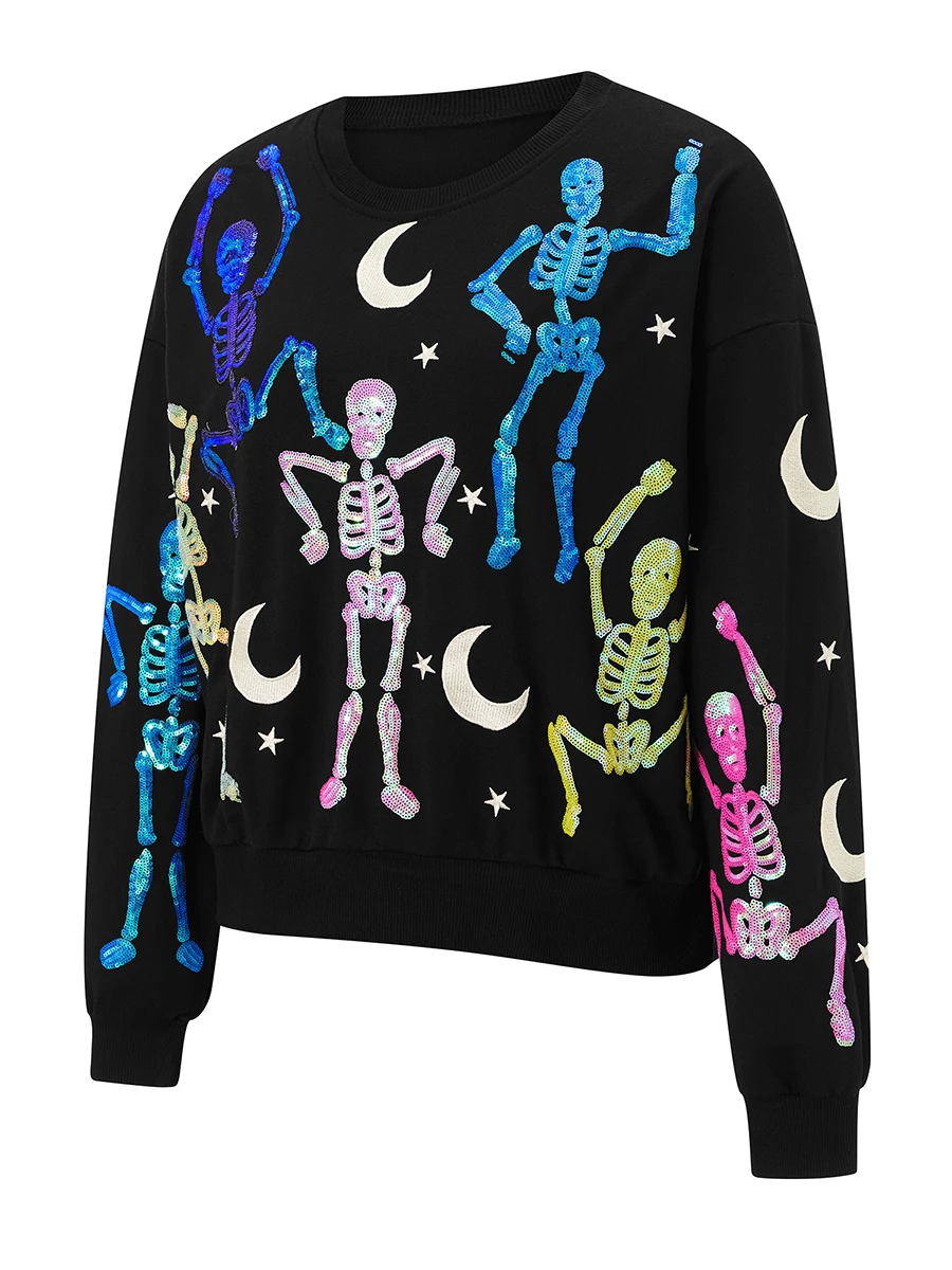 Women s Stylish Hoodies with Glittery Skull Design Cozy Long Sleeve Sweatshirts for Casual Wear in Fall Trendy Street Style