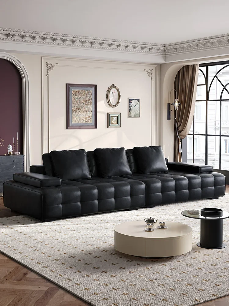 Italian Minimalist Leather Modern Minimalist Living Room Straight Black Top Layer Leather Sofa