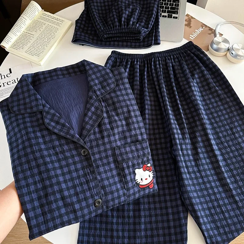

2025 new Hello Kitty summer short pajamas three-piece set short sleeves shorts trousers blue Hello Kitty cute sweet loungewear