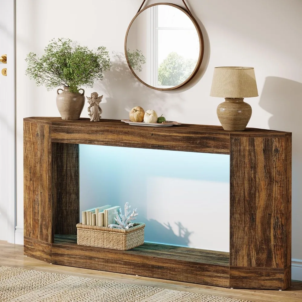 63 طاولة كونسول خشبية خفيفة مع LED، طاولة أريكة خلف الأريكة، شاشة بهو المدخل، تصميم ضيق طويل لـ