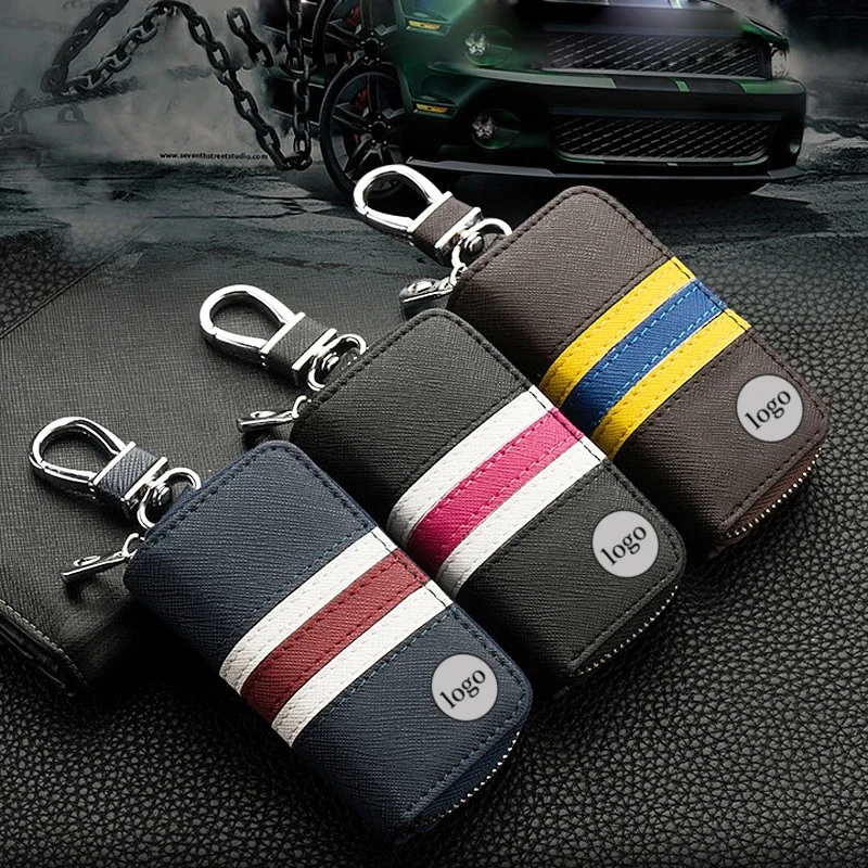 Fashion Colorful Stripes Leather Key Bag Universal Key Case for Car Keychain Men Women Key Wallet Mini Zipper Purse Key Holder