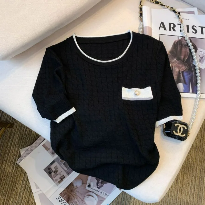 French Temperament Commuter Simple Round Neck Women's Summer New Pullover Ice Silk Knitted Sweater Short-sleeved T-shirt