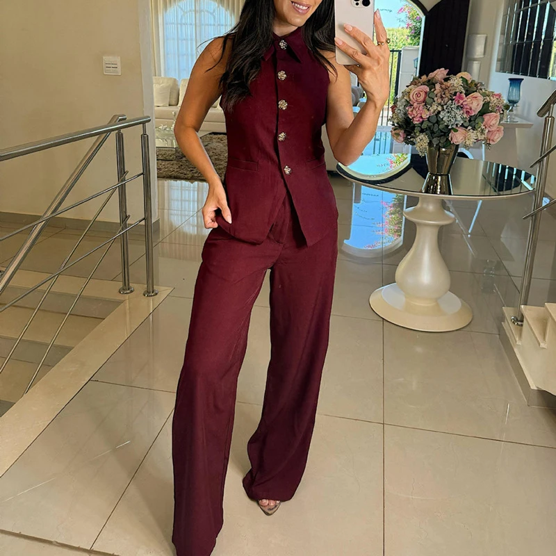 

Elegant Lady Single Breasted Vest&Straight Pants Suit Set Fashion Sleeveless Slim 2 Piece Set Summer New Solid Color Commute Set