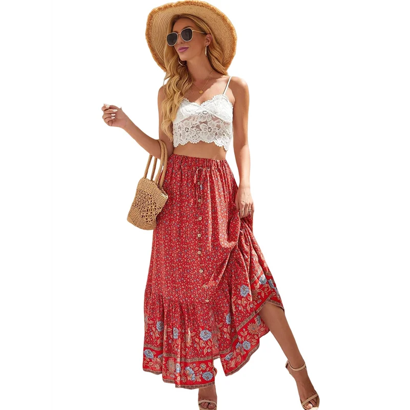 CYL-Maxi Spódnice Damskie Lato 2025 Boho Długie, Zwiewne, Kwiatowe, Elastyczne, z Wysokim Stanem, z Rozcięciem z Przodu, Codzienna Spódnica Podróżna