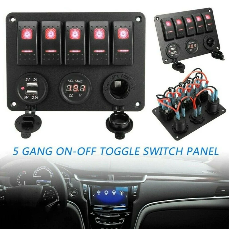 

5-Gang Waterproof Circuit LED Rocker Switch Panel Breaker Circuit For RV Car Marine Boat With Night Glow Stickers Blue